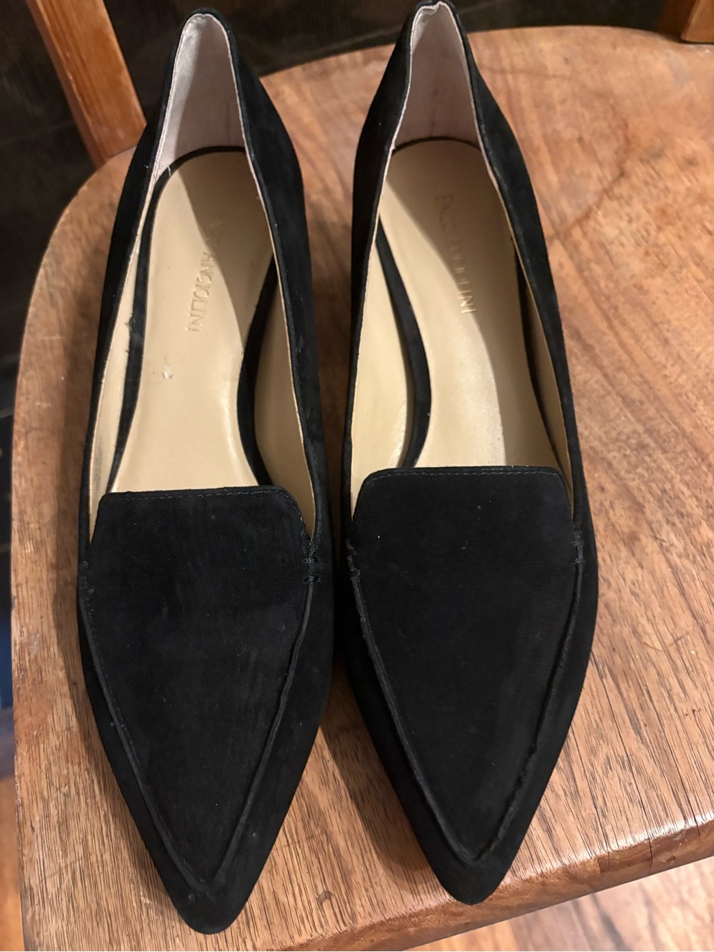 Enzo Angiolini Black Suede Pointed Toe Heels with Gold Trim
